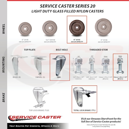 Service Caster 4 Inch High Temp Glass Filled Nylon 10mm Stem Caster Set with Total Lock Brake SCC-TSTTL20S414-GFNSHT-M1015-4